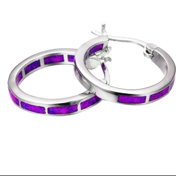 Purple Simulated Opal Hoop Earring with Siver Overlay - Picture 4 of 5